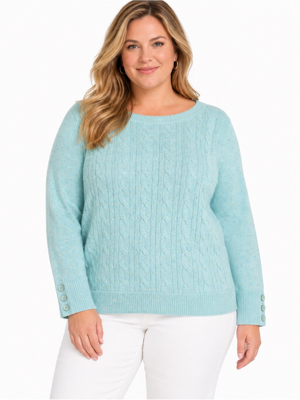 Talbots Plus 3X Aqua Cable Knit Cotton Blend Button Cuff Sweater